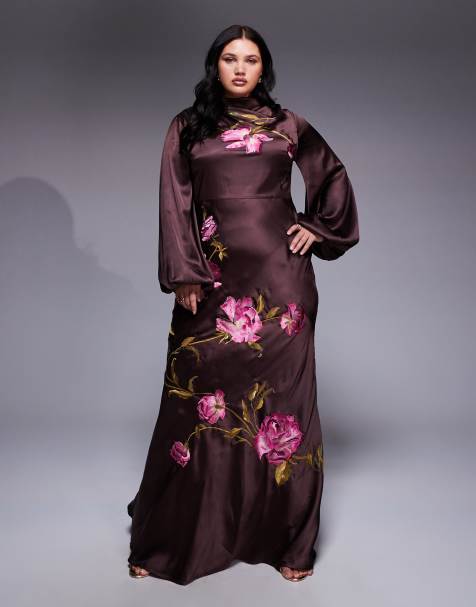 ASOS DESIGN Curve - Robe longue coupée en biais à manches ballon avec broderies fleuries et col bénitier - Chocolat - view 1