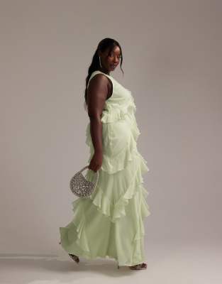 ASOS DESIGN Curve - Robe longue de demoiselle d'honneur coupée en biais à volants et dos nageur - Vert clair - view 1