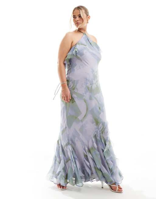 ASOS DESIGN Curve - Robe longue dos nu coupée en biais à volants et imprimé fleurs doux