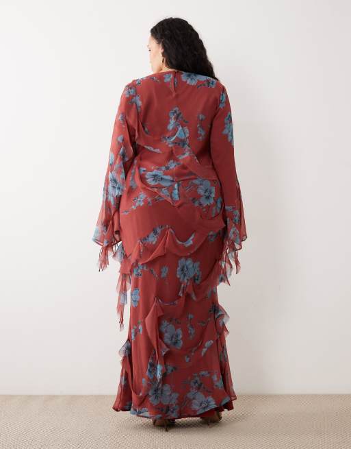 ASOS DESIGN Curve - Robe longue drapée à fleurs avec manches longues et volants à bords bruts, 2 de 4