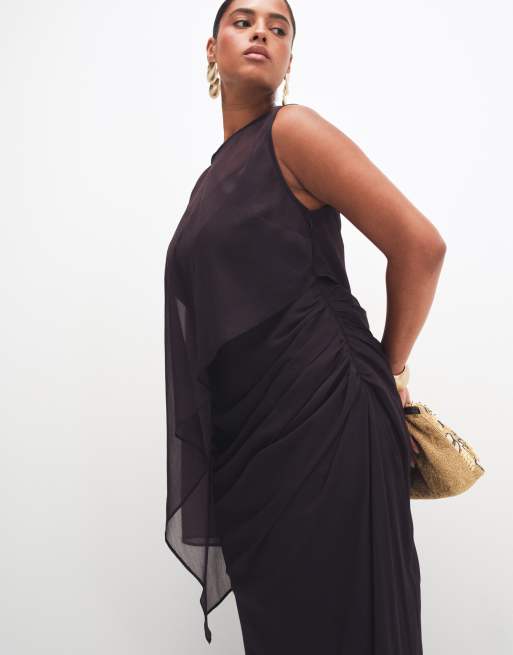 ASOS DESIGN Curve - Robe longue drapée asymétrique à manche chauve-souris - Chocolat foncé, 3 de 8