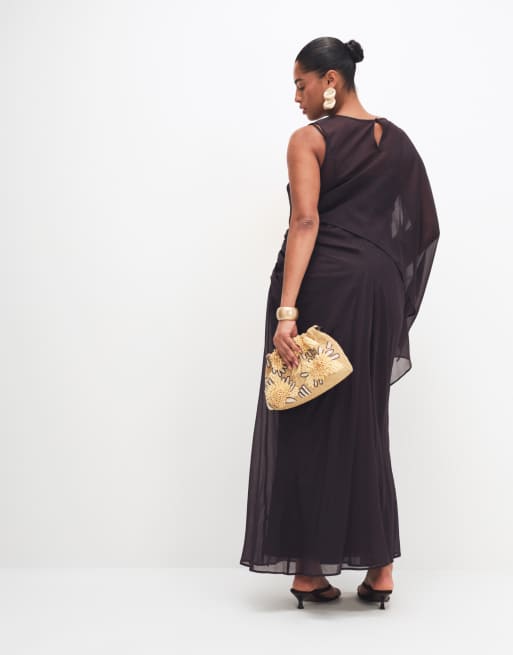 ASOS DESIGN Curve - Robe longue drapée asymétrique à manche chauve-souris - Chocolat foncé, 4 de 8