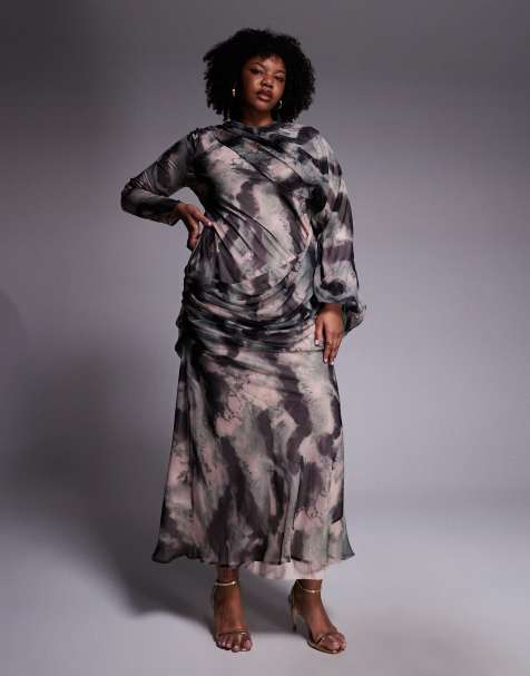 ASOS DESIGN Curve - Robe longue effet drapé sur l'avant à manches blousantes et imprimé fleuri - Moutarde - view 1