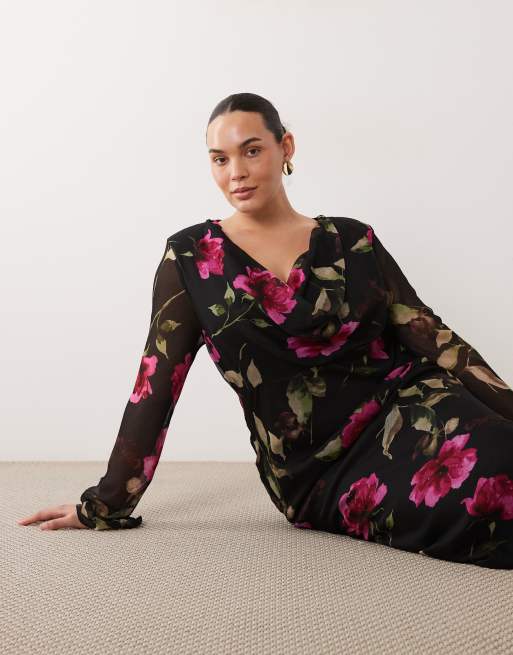 ASOS DESIGN Curve robe longue en mousseline à col bénitier à fleurs rose foncé, 2 de 4