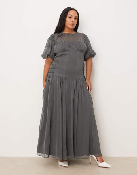 ASOS DESIGN Curve - Robe longue en mousseline avec manches bouffantes - Gris anthracite - view 1