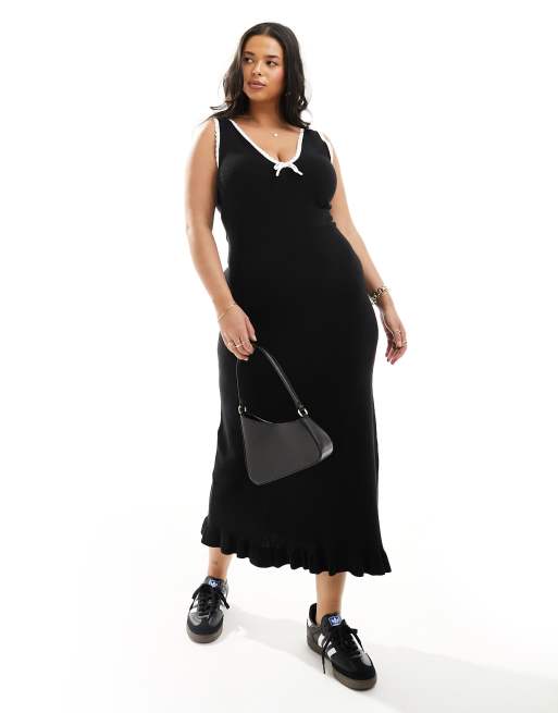 ASOS DESIGN Curve - Robe longue en point mousse à bords contrastants - Noir et blanc
