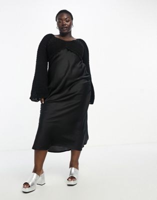 ASOS DESIGN Curve long sleeve crochet bodice satin maxi dress in black - ASOS Price Checker