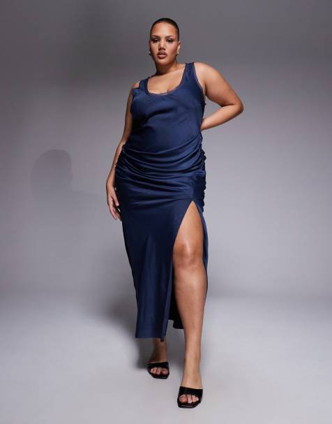 ASOS DESIGN Curve - Robe longue en satin et mousseline mélangés à encolure dégagée et jupe drapée superposée - Bleu marine - view 1