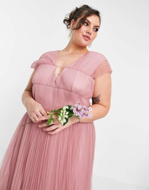 ASOS DESIGN Curve Robe longue en tulle manches fronc es Rose