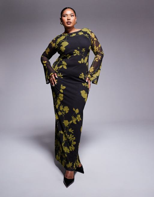 ASOS DESIGN Curve - Robe longue en tulle fleuri avec dos échancré et manches ange - Vert et noir