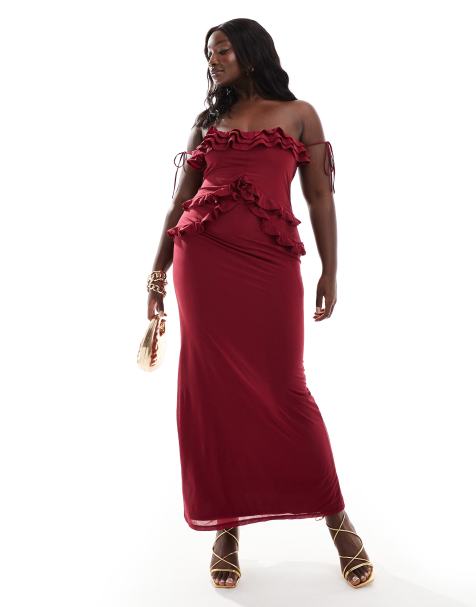 ASOS DESIGN Curve - Robe longue encolure bardot à volants - Bordeaux - view 1