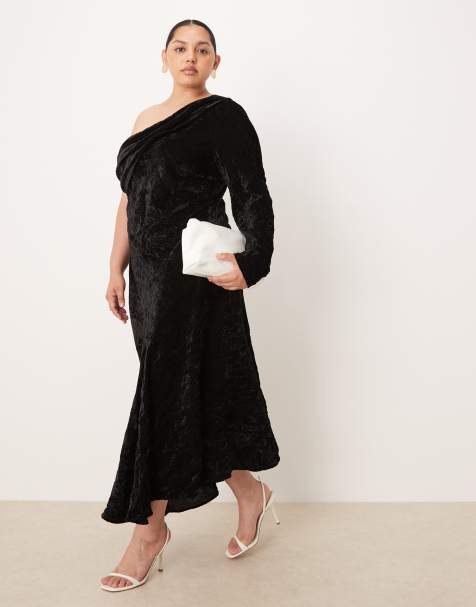 ASOS DESIGN Curve - Robe longue et asymétrique en velours avec détail drapé - Noir - view 1