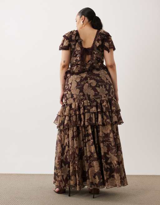 ASOS DESIGN Curve - Robe longue évasée volantée à imprimé floral avec bords en dentelle et dos ouvert - Marron, 4 de 4