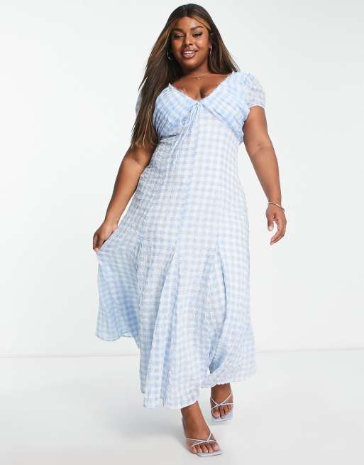 ASOS DESIGN Curve Robe longue fronc e avec lien nouer carreaux vichy brod s Bleu