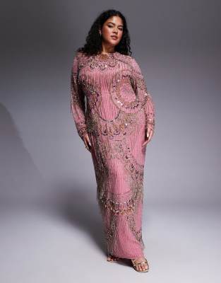 ASOS DESIGN Curve - Robe longue ornementée à franges - Rose