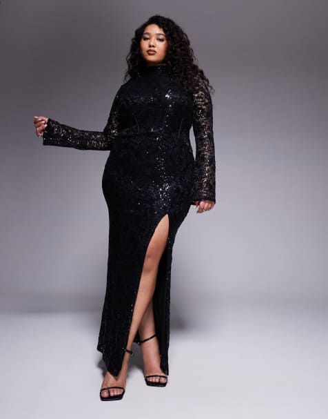ASOS DESIGN Curve - Robe longue ornementée et fendue en dentelle à manches longues - Noir - view 1