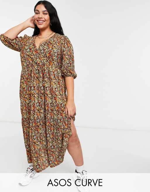 ASOS DESIGN Curve - Robe longue plissée à col en V, ourlet à volants et manches longues avec imprimé fleuri automnal