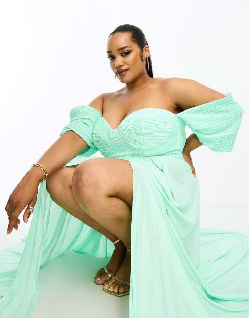 ASOS DESIGN Curve Robe longue pliss e paules d nud es et d collet en c ur Vert sauge