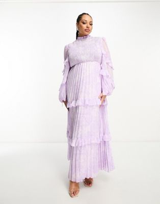 ASOS DESIGN Curve high neck shirred pleated maxi dress with frill edge in paisley - ASOS Price Checker