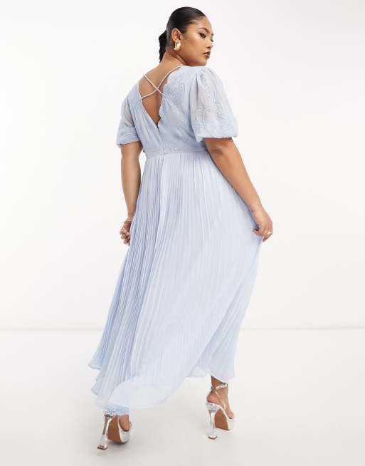 ASOS DESIGN Curve Robe longue plissee avec broderie blanche Bleu