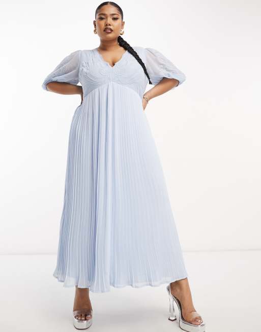 ASOS DESIGN Curve Robe longue plissee avec broderie blanche Bleu