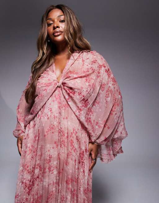 ASOS DESIGN Curve - Robe longue plissée et torsadée devant en mousseline à fleurs - Rose, 2 de 4