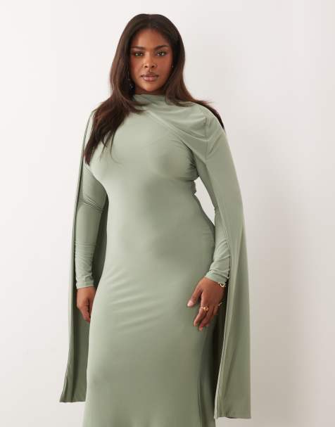 ASOS DESIGN Curve - Robe longue près du corps à manches longues et détail cape oversize - Vert sauge - view 1