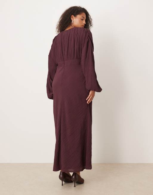 ASOS DESIGN Curve - Robe longue ras de cou avec laçage et manches volumineuses - Mûre, 2 de 4