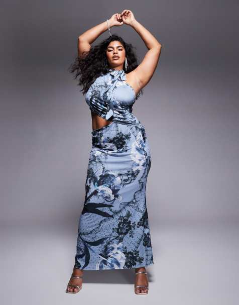 ASOS DESIGN Curve - Robe longue sans manches à col montant et imprimé fleuri - Bleu - view 1