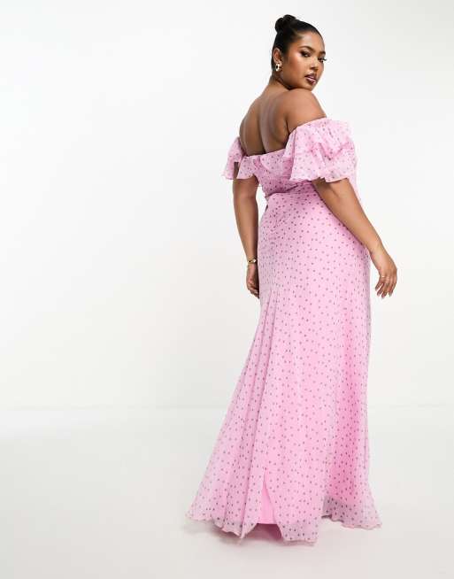 ASOS DESIGN Curve Robe longue tendance folk encolure Bardot et imprim pois Rose