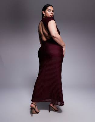 ASOS DESIGN Curve - Robe longue texturée à mancherons - Rouge cerise 46
