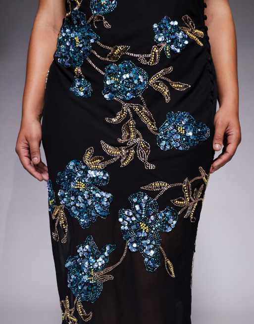 ASOS DESIGN Curve - Robe longue transparente avec fleurs à ornements - Noir, 4 de 4