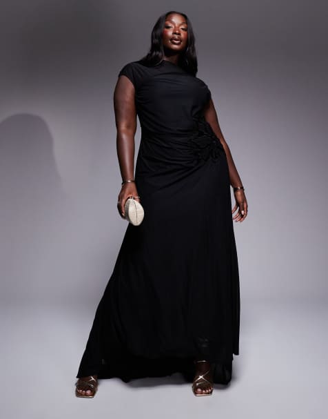 ASOS DESIGN Curve - Robe longue transparente avec fleurs appliquées et traîne - Noir - view 1