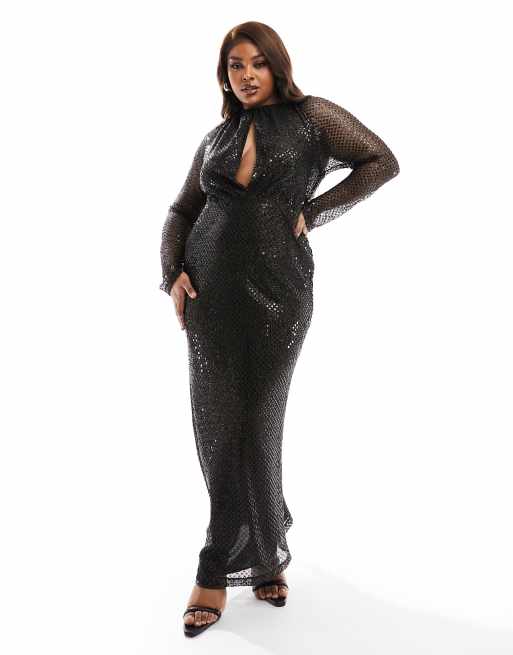 ASOS DESIGN Curve - Robe longue transparente en tulle orné de sequins avec corsage drapé et body intégré - Noir