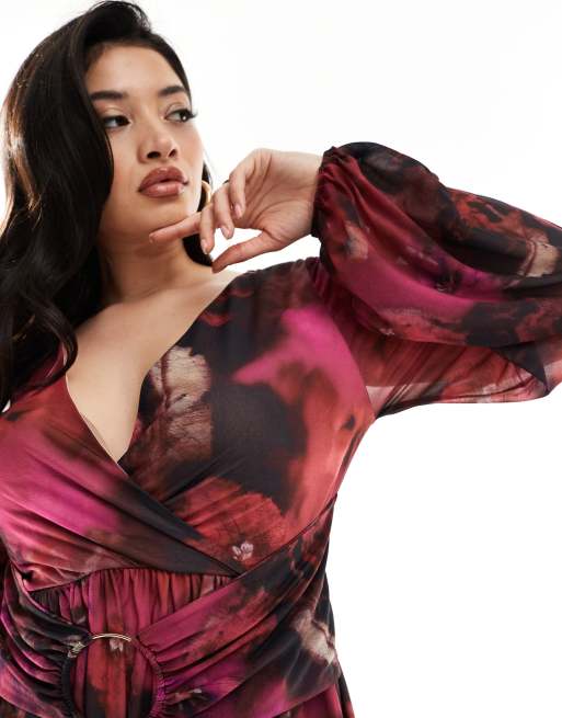 ASOS DESIGN Curve Robe mi longue a decollete plongeant et imprime fleuri flou ASOS