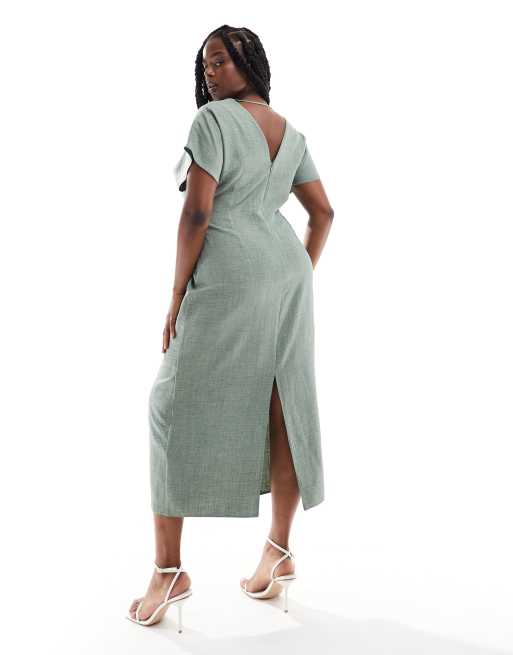 ASOS DESIGN Curve - Robe mi-longue à décolleté plongeant et manches ange - Kaki, 3 de 4