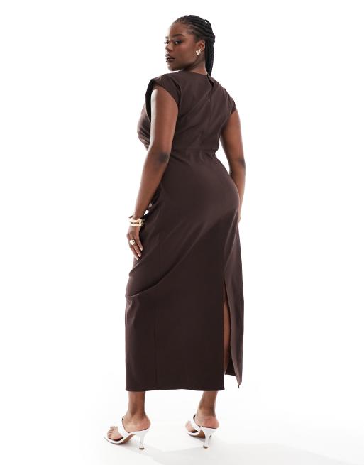 ASOS DESIGN Curve - Robe mi-longue à détails drapés - Marron, 3 de 4