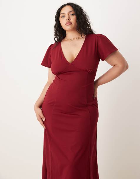ASOS DESIGN Curve - Robe mi-longue à dos ouvert et manches évasées - Lie-de-vin - view 1