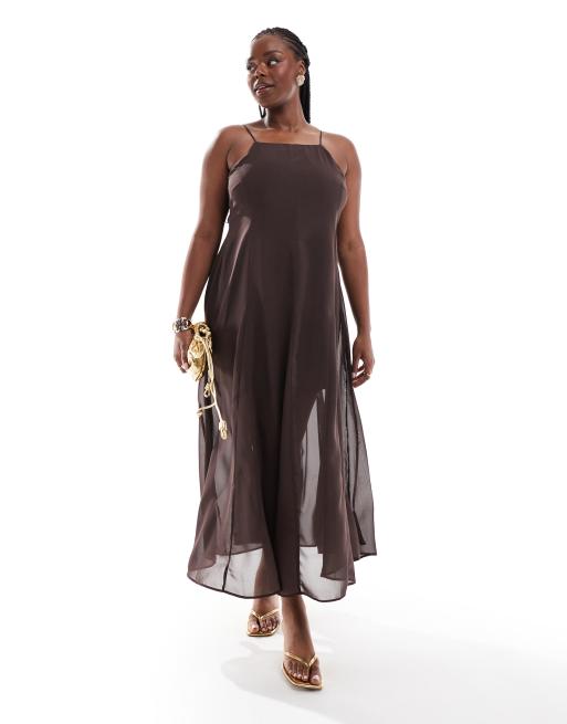 ASOS DESIGN Curve - Robe mi-longue à encolure carrée avec jupe à godets - Chocolat
