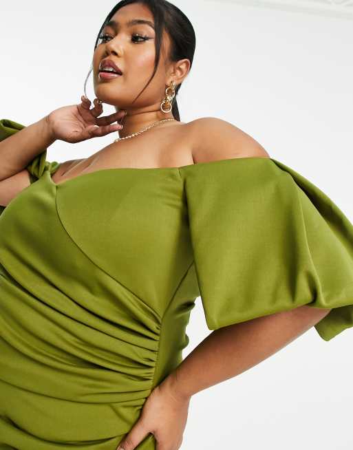 ASOS DESIGN Curve Robe mi longue a epaules denudees style Bardot et decollete en c ur Olive ASOS