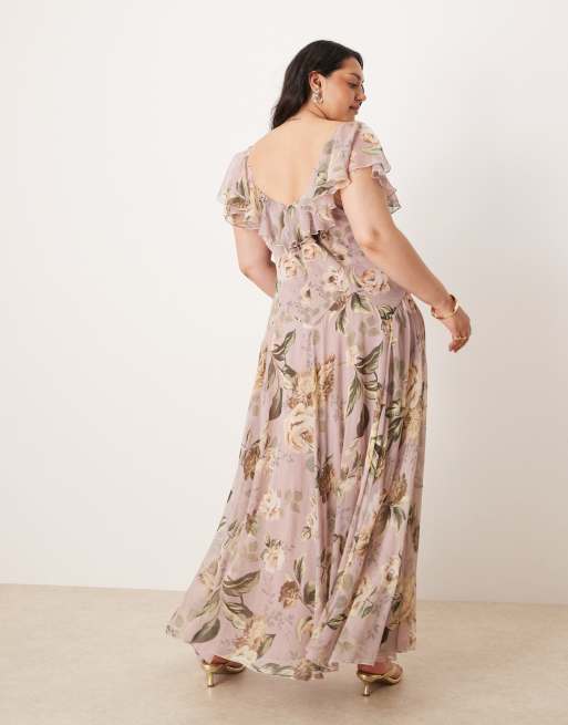 ASOS DESIGN Curve - Robe mi-longue à fleurs avec taille basse et jupe ample - Lilas, 2 de 4