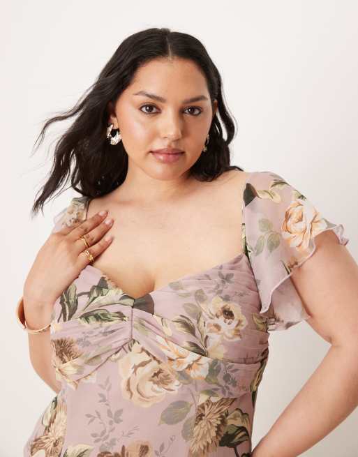 ASOS DESIGN Curve - Robe mi-longue à fleurs avec taille basse et jupe ample - Lilas, 3 de 4