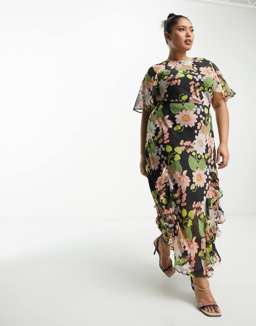 ASOS DESIGN Curve - Robe mi-longue à fleurs en mousseline avec ourlet à volants - Noir , 4 de 4
