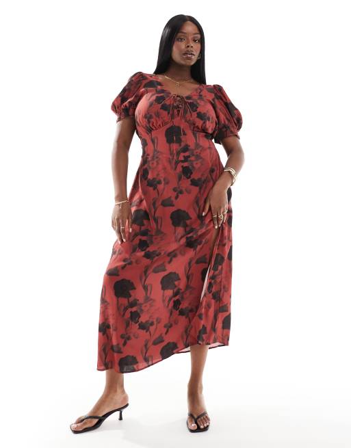 ASOS DESIGN Curve Robe mi longue a imprime rouille avec lacets et manches bouffantes ASOS