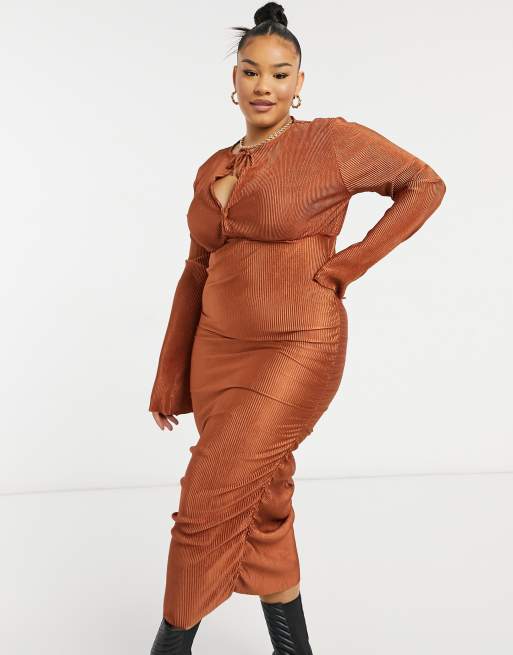 ASOS DESIGN Curve - Robe mi-longue à manches ballon longues nouée sur le devant avec fronces sur les côtés - Rouille