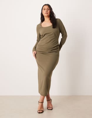 ASOS DESIGN Curve - Robe mi-longue à manches longues et encolure dégagée - Kaki-Vert 54
