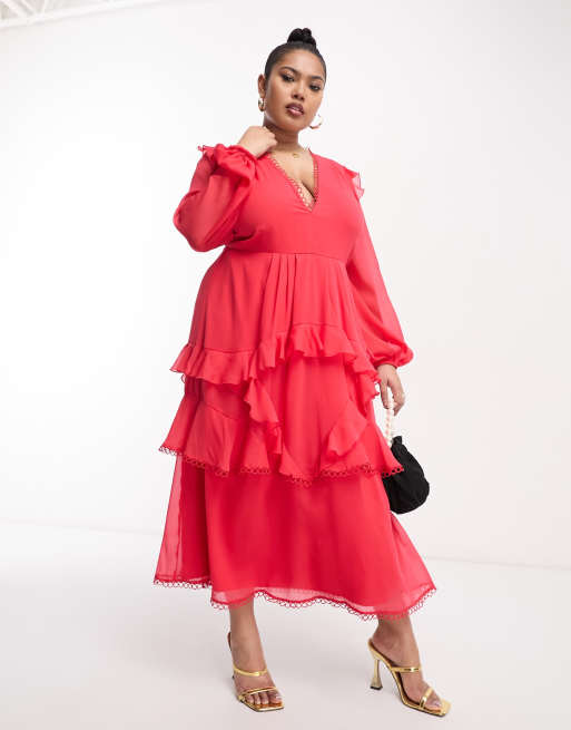 ASOS DESIGN Curve - Robe mi-longue à manches longues avec bords à cercles - Rouge, 3 de 4