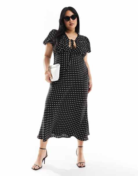 ASOS DESIGN Curve - Robe mi-longue à pois avec corsage froncé à liens - Noir et blanc - view 1