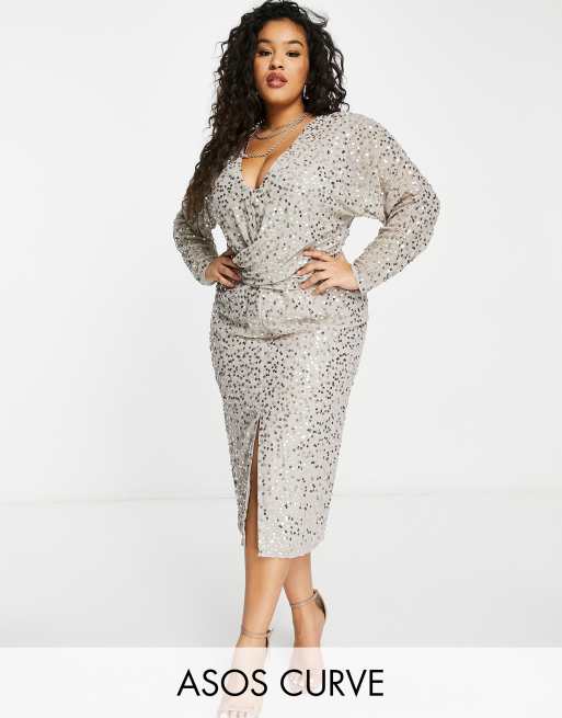 ASOS DESIGN Curve Robe mi longue sequins avec manches chauve souris et taille crois e