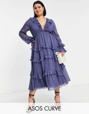 ASOS DESIGN Curve - Robe mi-longue à volants étagés avec taille élastique et laçage dans le dos